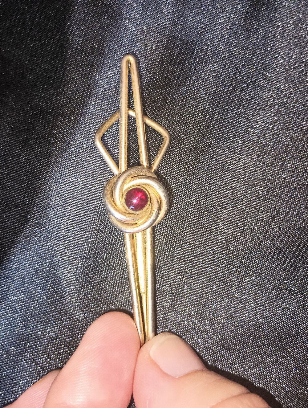 Vintage Swank Tie Bar/Clip. Gold Tone W/Red Cabochon Center